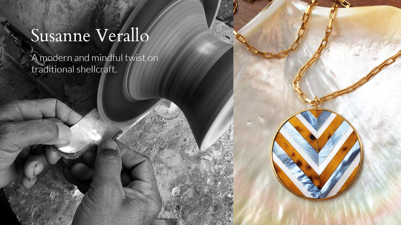 Load video: Susanne Verallo: a modern and mindful twist on traditional shellcraft jewelry.